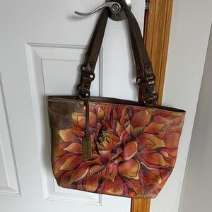 Anuschka Brown Leather Tote with Vibrant Floral Design